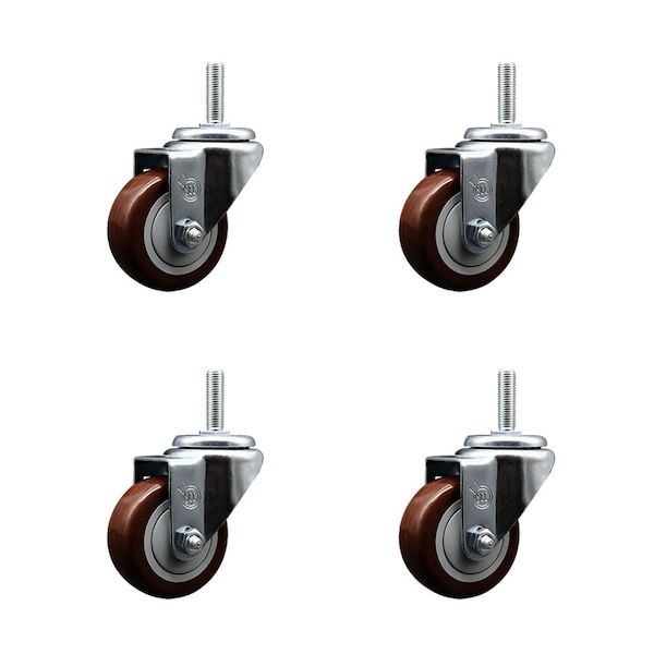 3 Inch Maroon Polyurethane Wheel Swivel 34 Inch Threaded Stem Caster Set Service Caster